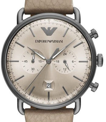 Emporio Armani Aviator Chronograph Quartz Grey Dial Beige Leather Strap Watch For Men - AR11107